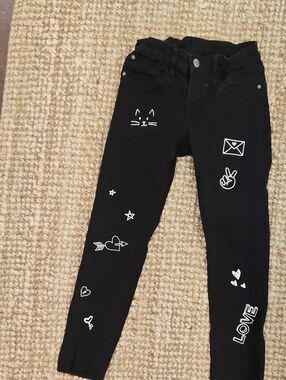 H&M Black Kids Skinny Jeans with White Love & Cat Graphics